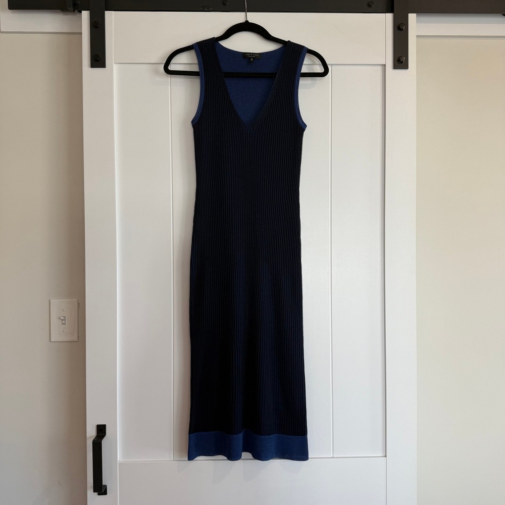 RAG & BONE Ribbed Midi Cora Dress in Navy and Royal Blue‎ Size XS